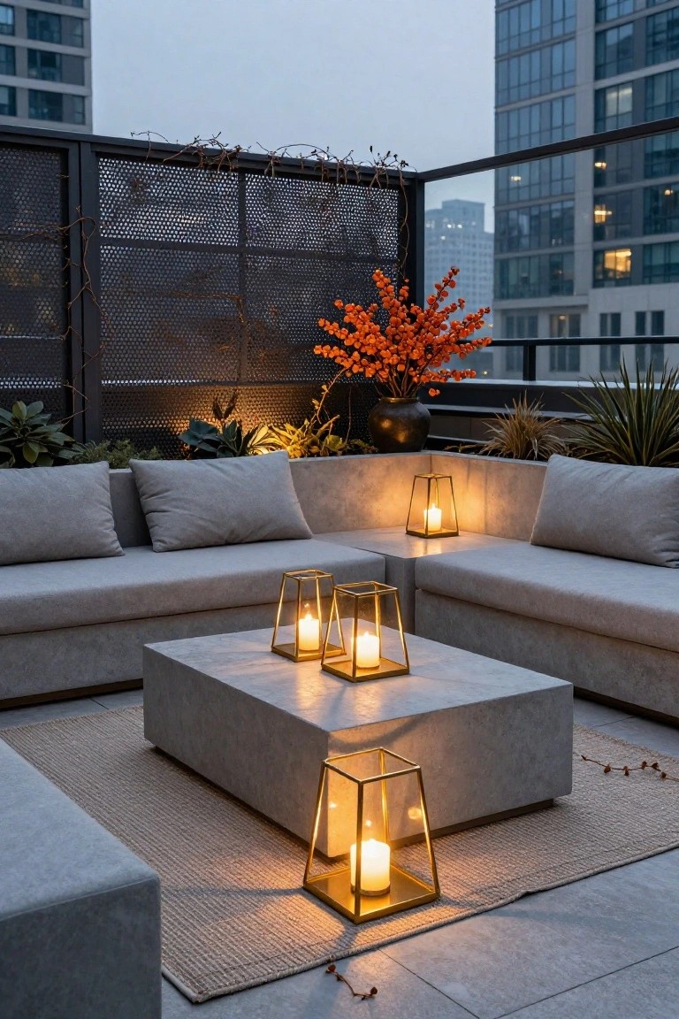 Rooftop terrace with L-shaped light gray sofa, concrete coffee table centered on a rug, several gold geometric lanterns with lit candles placed around the table and seating, potted plants including orange-berried branches and agave, black metal privacy screen with vines, and city skyline at dusk.