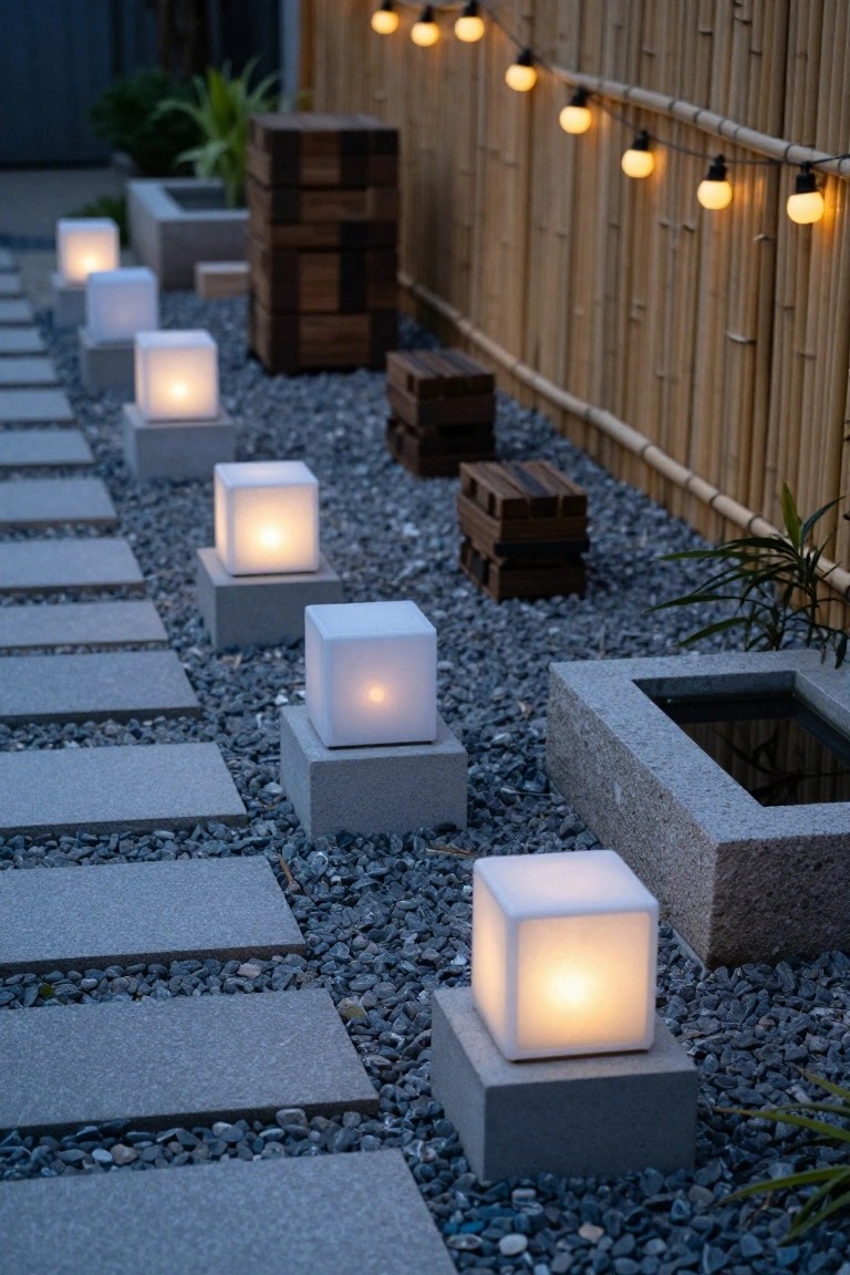 Garden pathway with gray stone steps through gravel ground, lined by white glowing cube lanterns on concrete pedestals, wooden block stacks, bamboo fence with string lights overhead, plants, and a small water feature.