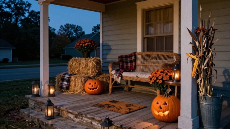 18 Halloween Outdoor Lantern Ideas That Light Up the Night A front porch at dusk with hay bales, orange pumpkins, chrysanthemum plants, cornstalks, lit lanterns on steps and floor, a wicker loveseat with pillows, and a welcome mat.