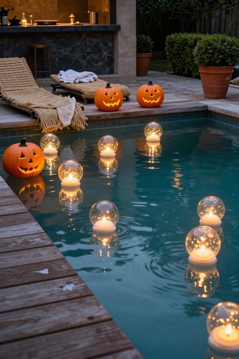 Nighttime outdoor pool with multiple clear glass spheres containing lit candles floating on the water surface, jack-o-lantern pumpkins placed around the pool edge and on nearby deck chairs, wooden deck, lounge chairs, and distant patio kitchen area.