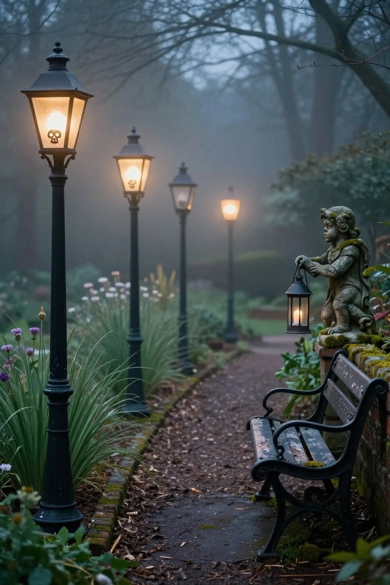 Foggy garden path lined with black lampposts bearing lanterns with glowing skull faces inside, flanked by plants, a stone bench, and a cherub statue holding a lantern.