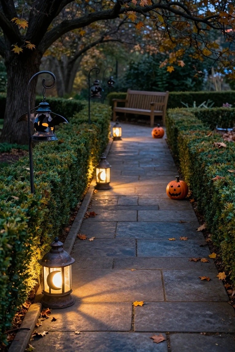 Halloween Lanterns Along a Garden Path
