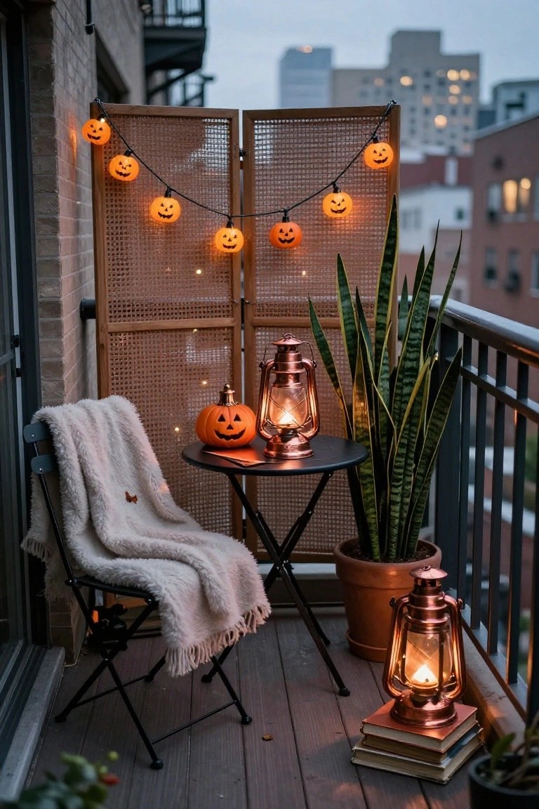Balcony at dusk with orange pumpkin string lights draped over bamboo screens, a black metal table holding a carved pumpkin and two copper lanterns, a folding chair draped with a white blanket, potted snake plants, stacked books, and city buildings in the background.