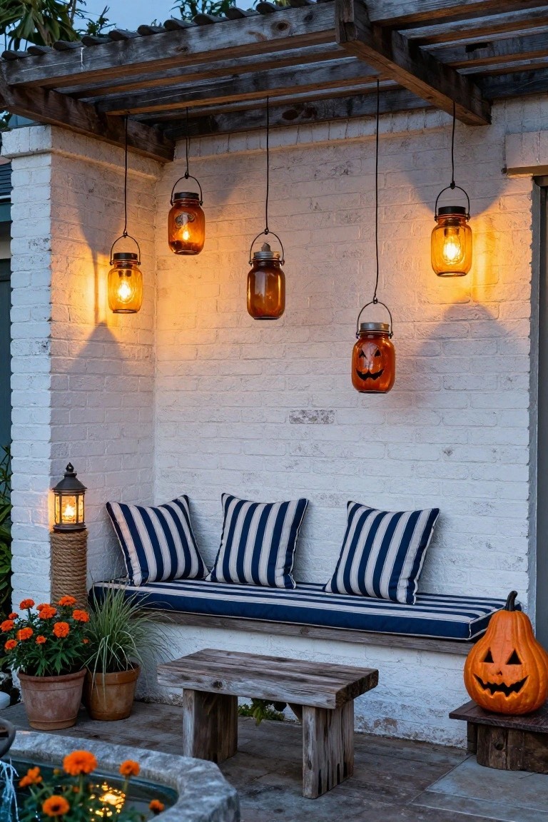 Outdoor patio corner with white brick wall, wooden pergola overhead holding several hanging mason jar lanterns some painted as jack-o-lanterns, blue striped bench cushions, small potted plants, wooden stool, carved pumpkin, and stone fountain.