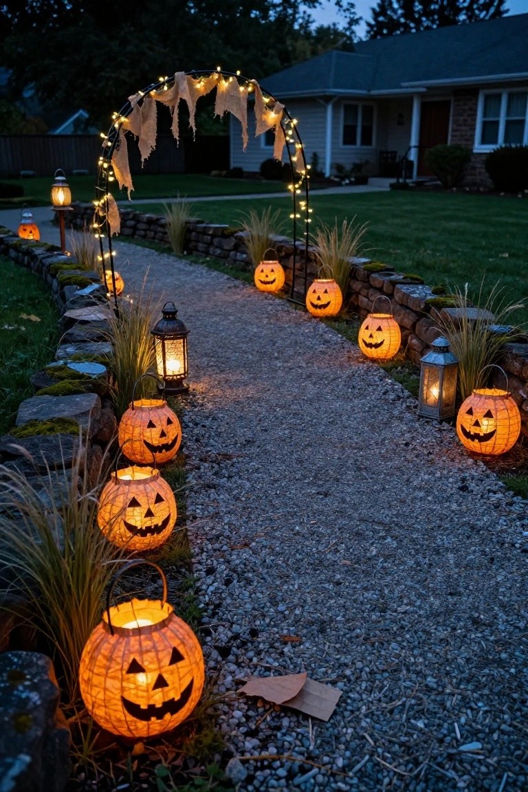 Gravel pathway at dusk lined with lit orange jack-o-lantern lanterns on both sides, bordered by stone walls and pampas grass, leading under a lighted burlap archway toward a house.