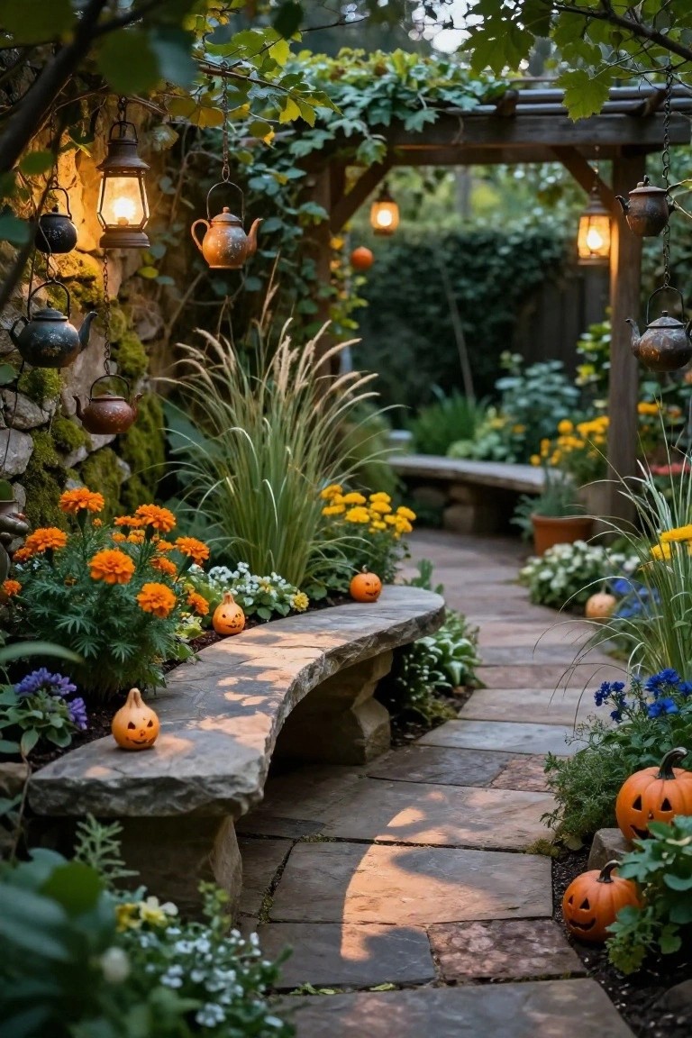 A winding stone pathway through a lush garden with orange marigolds, greenery, carved pumpkins, a curved stone bench, and multiple hanging lit lanterns and teapots.