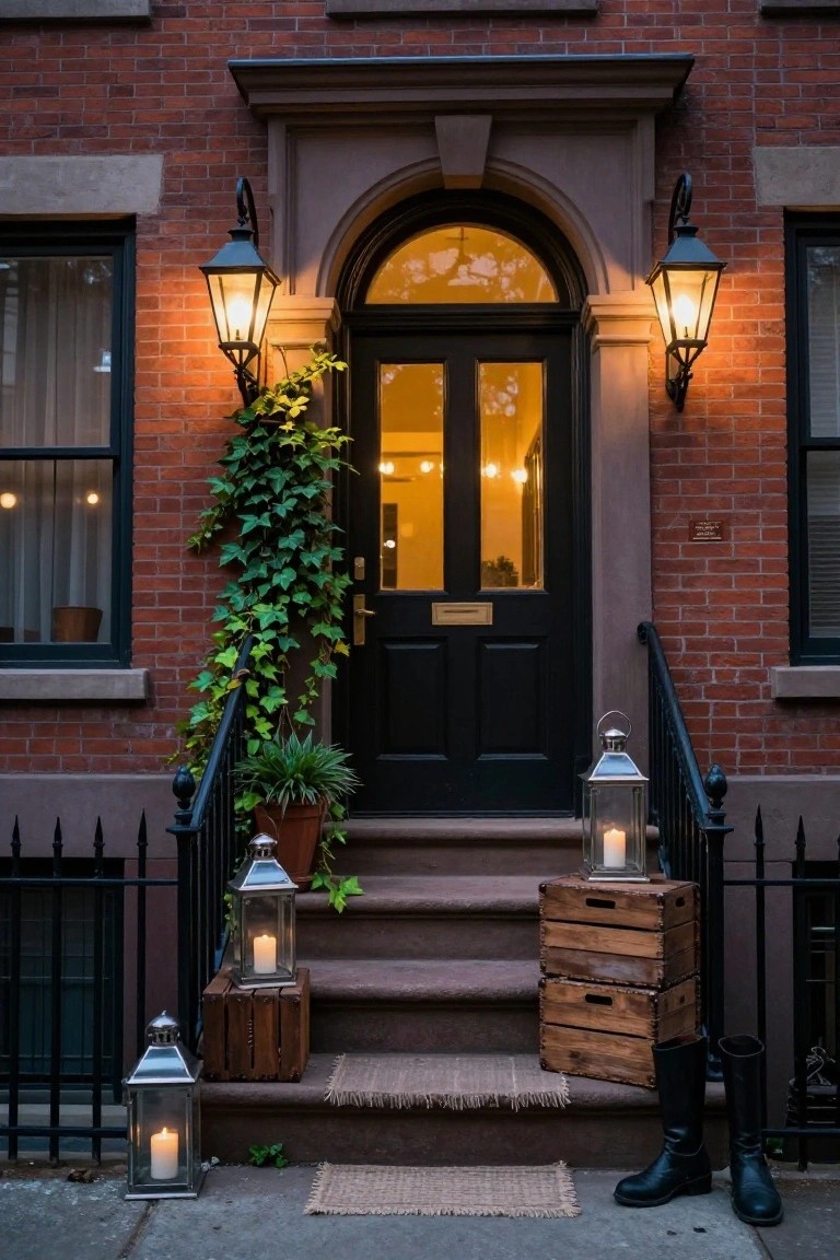 Brick townhouse facade at dusk with arched entry, black double doors, ivy on walls, multiple lit lanterns on steps and wooden crates, potted plants, and black rain boots on the sidewalk.
