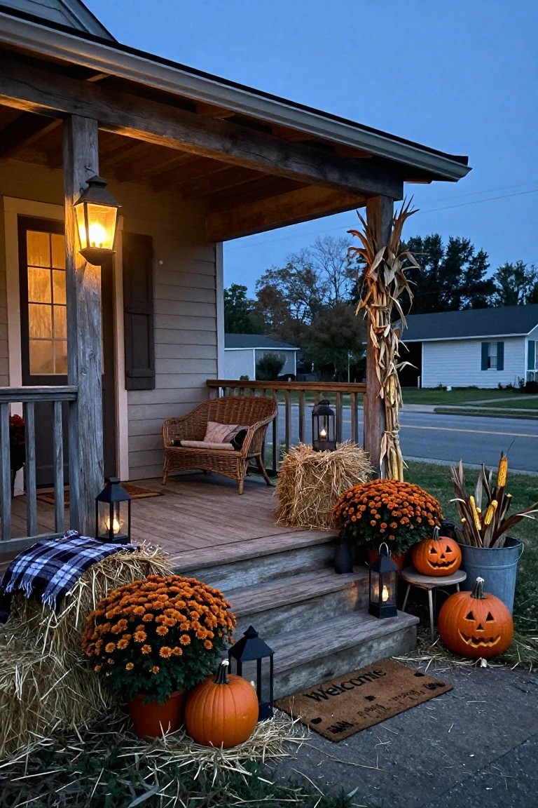 A front porch at dusk with hay bales, orange pumpkins, chrysanthemum plants, cornstalks, lit lanterns on steps and floor, a wicker loveseat with pillows, and a welcome mat.