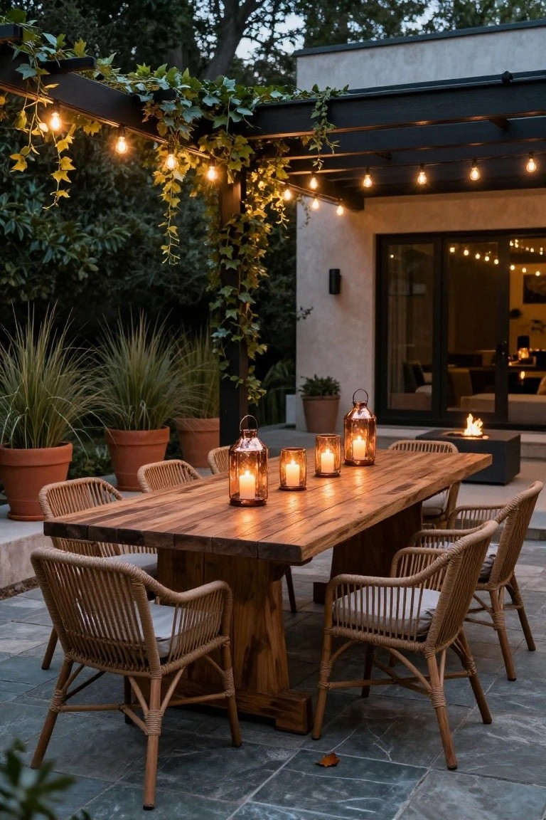 Outdoor patio dining table made of wood with rattan chairs, centered with multiple lit glass and copper lanterns holding candles, string lights hanging from an ivy-covered black pergola above, potted plants around, fire pit nearby, at dusk.