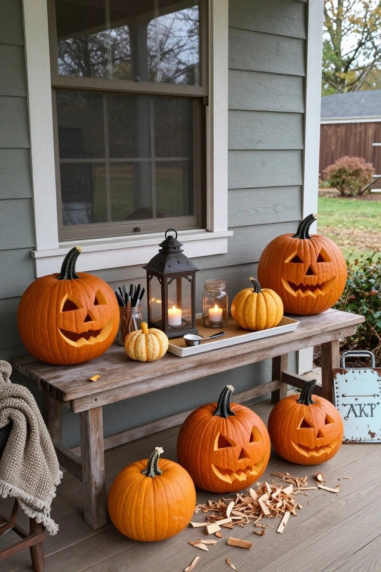 Wooden porch bench on a gray house exterior holding several carved orange jack-o-lanterns, a black metal lantern, mason jar candles, small pumpkins, and a tray, with fall leaves and wood chips scattered nearby.