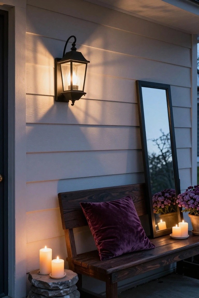 Exterior porch area at dusk with light gray wood siding, black front door, wall-mounted black lantern lit with a candle, tall black-framed mirror, wooden bench with purple pillow, purple flower pots, and several white pillar candles on bench and stone stool.