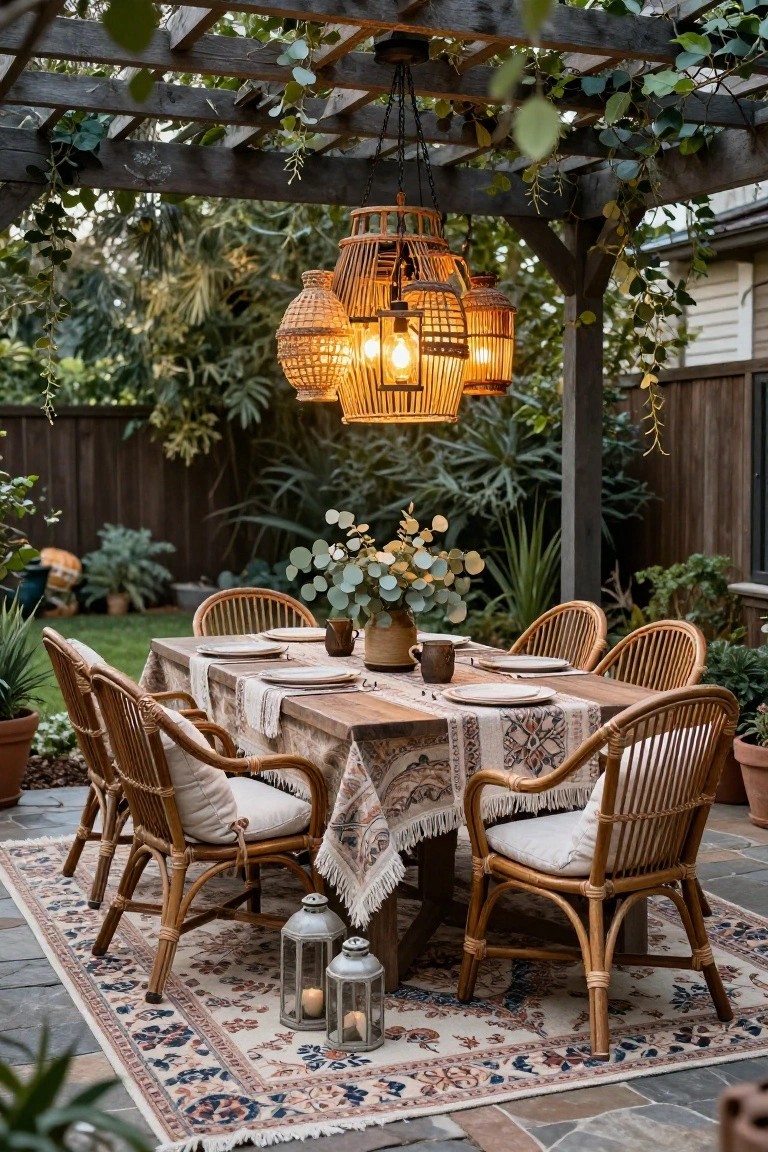 Covered outdoor patio under wooden pergola with rattan dining table, cushioned rattan chairs, clustered hanging woven lanterns, potted plants, table runner, and patterned rug on stone floor.