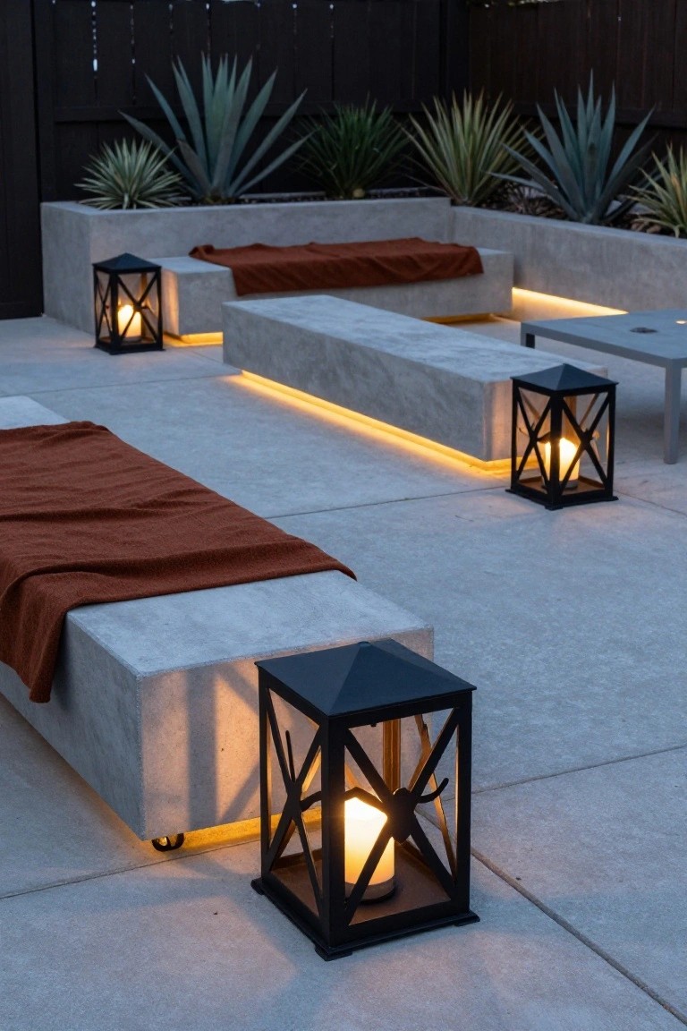 Outdoor concrete patio with built-in benches draped in rust-colored blankets, black metal lanterns holding lit candles, agave plants in raised concrete planters, under-bench LED lighting, and a dark wooden fence backdrop.