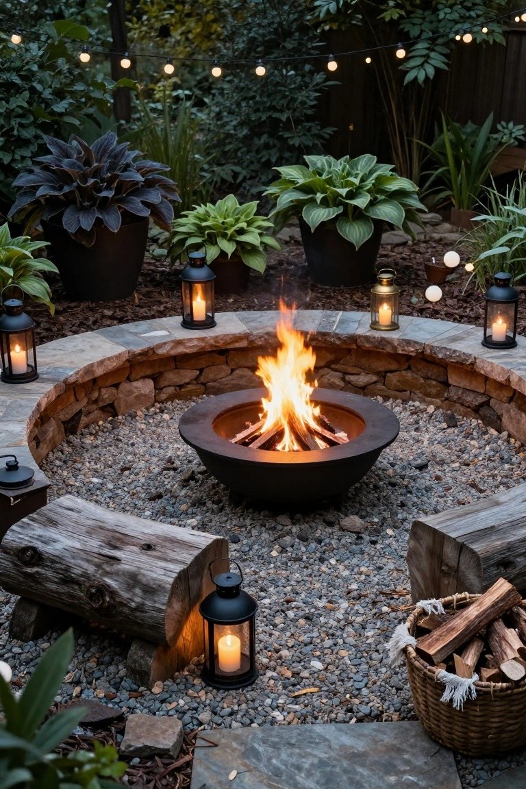 Backyard fire pit in a circular stone wall on gravel, surrounded by black lanterns with candles, flanked by log benches, plants in pots, string lights overhead, and a basket of firewood.