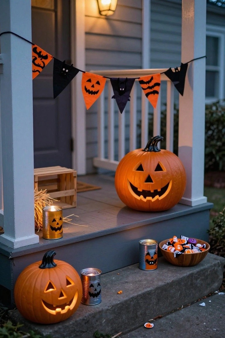 Front porch steps decorated for Halloween featuring two large lit jack-o-lantern pumpkins, several tin can lanterns with punched jack-o-lantern faces and candles inside, hay bales, wooden crate, orange bunting, and a wooden bowl of wrapped candies.