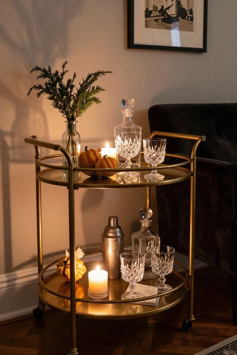 Gold two-tiered bar cart with crystal glasses, decanters, cocktail shaker, small pumpkins, candles, and greenery positioned next to a black velvet armchair in a dimly lit room.