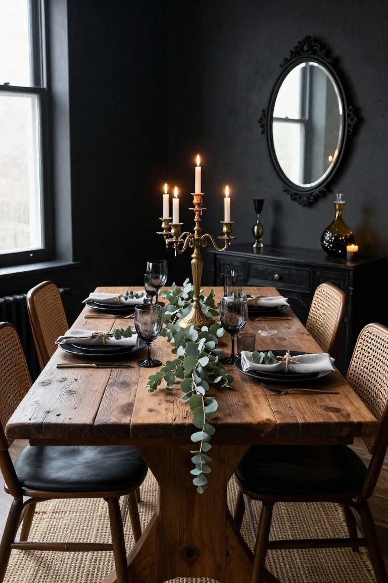 Dining room with matte black walls, rustic wooden table centered with eucalyptus garland and gold candelabra holding lit candles, black plates, dark glasses, and rattan chairs with leather seats.