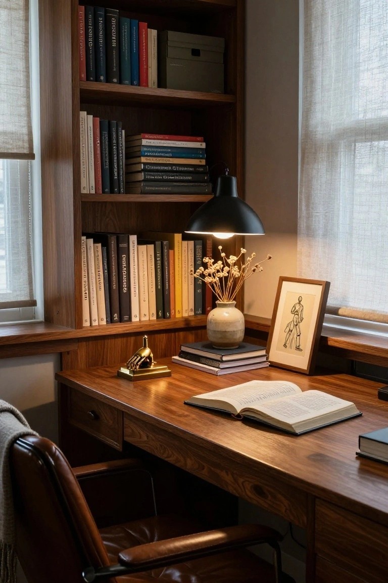 Wooden corner desk with integrated built-in bookshelves filled with books, black desk lamp lit up, vase of dried flowers, gold hand sculpture, framed line drawing of a figure, stack of books, and leather chair with throw in a warmly lit room.