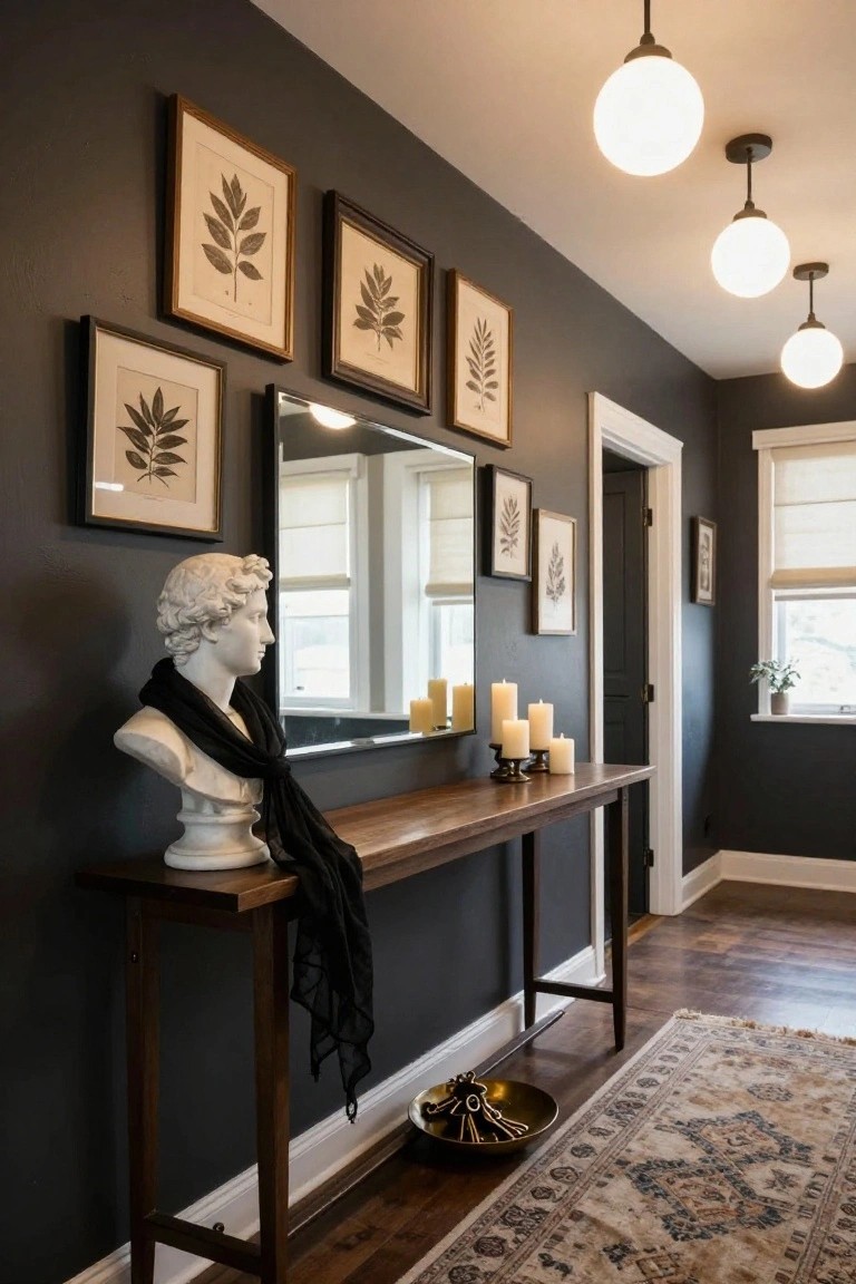 Dark gray hallway with wooden console table holding white marble bust draped in black scarf, white candles on black candlesticks, brass tray with keys, flanked by framed botanical prints, mirror, and overhead globe lights.