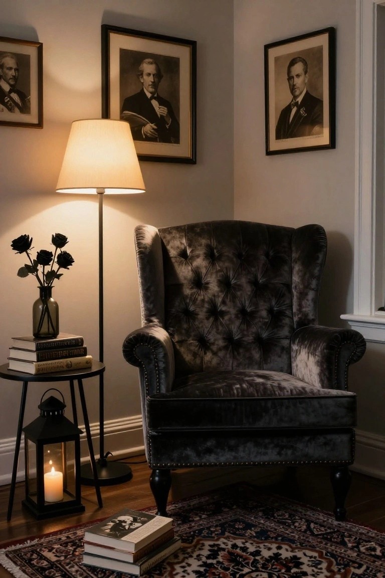 Corner of a room with a tufted dark velvet wingback chair next to a floor lamp, side table holding stacked books and black roses in a vase, black lantern candle on the floor, framed black-and-white portraits on beige walls, and a patterned rug.