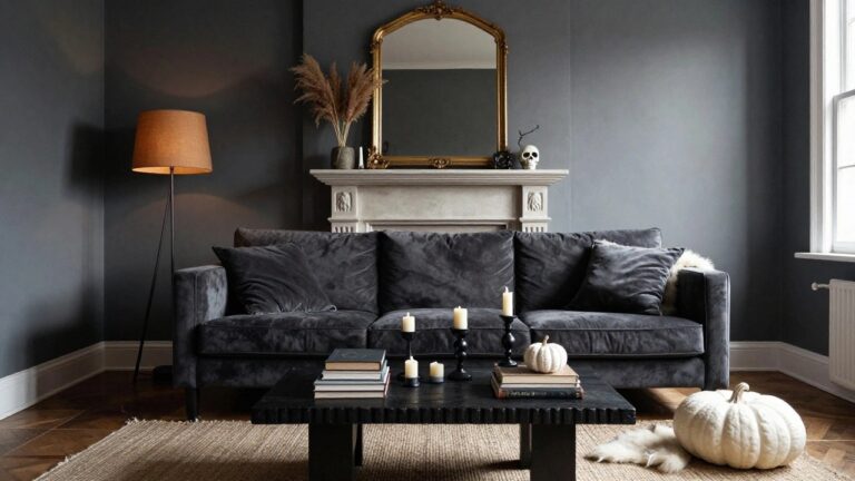 Gray living room with black velvet sofas, fur throw, low wooden coffee table holding stacked books, white pumpkin, black candlesticks and candles, marble fireplace mantel topped with white skull, black candle holder, pampas grass, and woven wall hanging, ornate gold mirror, and beige floor lamp.