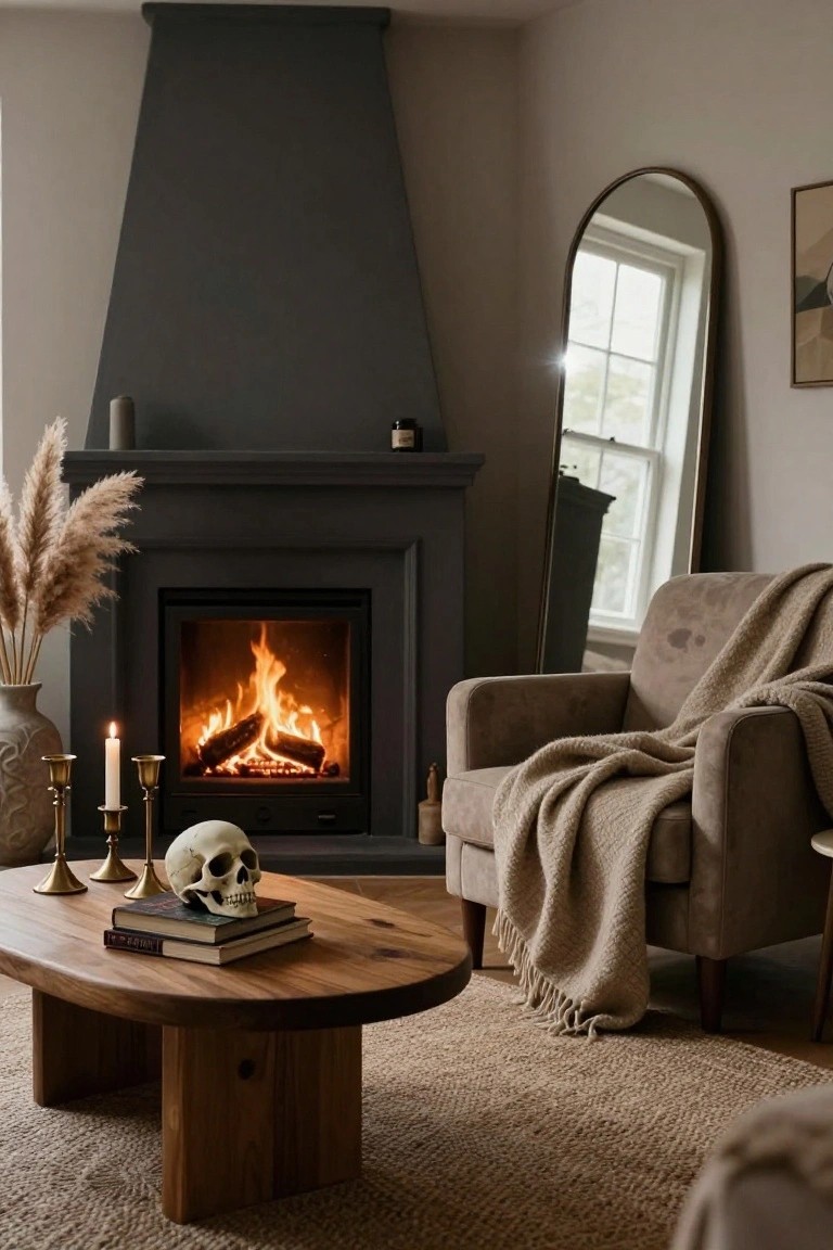 Cozy living room corner with black fireplace containing burning logs, oval wooden coffee table holding stacked books and white skull, pampas grass in vase, gold candlesticks with lit candles, beige armchair draped with cream blanket, arched gold mirror, and neutral rug.
