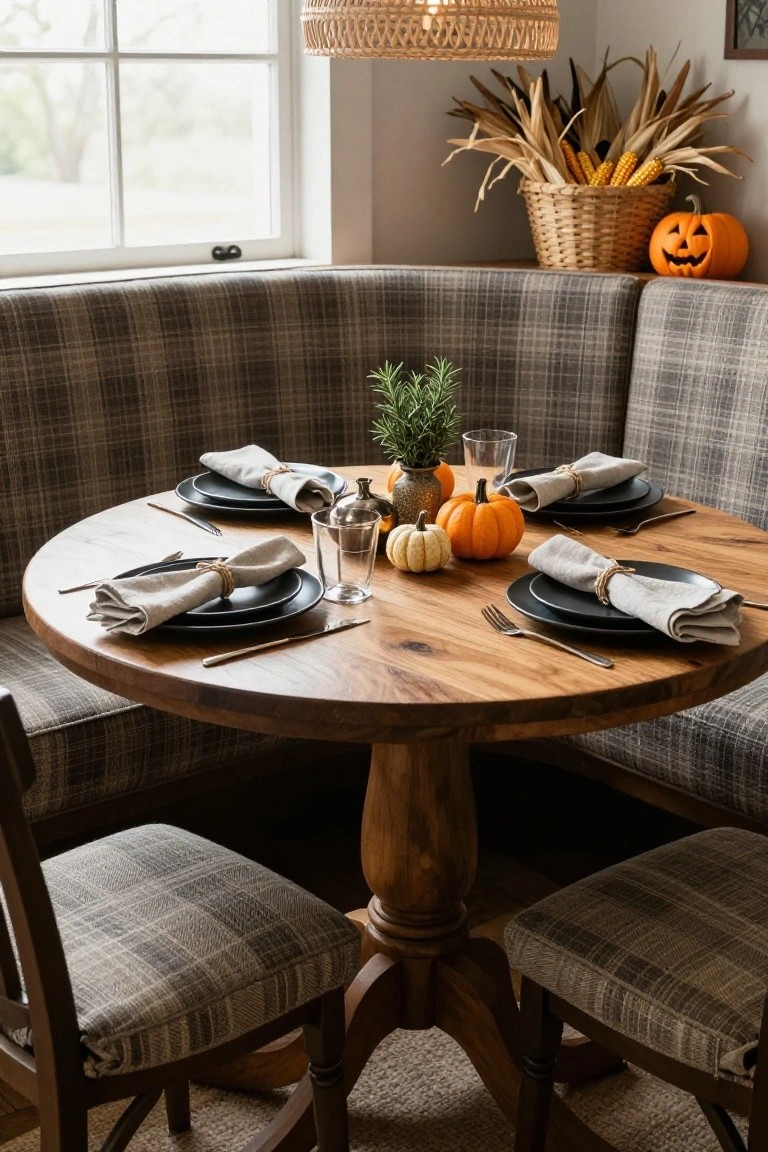 Round wooden pedestal table in a gray plaid banquette nook, set with black plates, linen napkins tied with twine, small pumpkins, glasses, and utensils, with corn in a basket, rosemary plant, and jack-o-lantern nearby by a window.