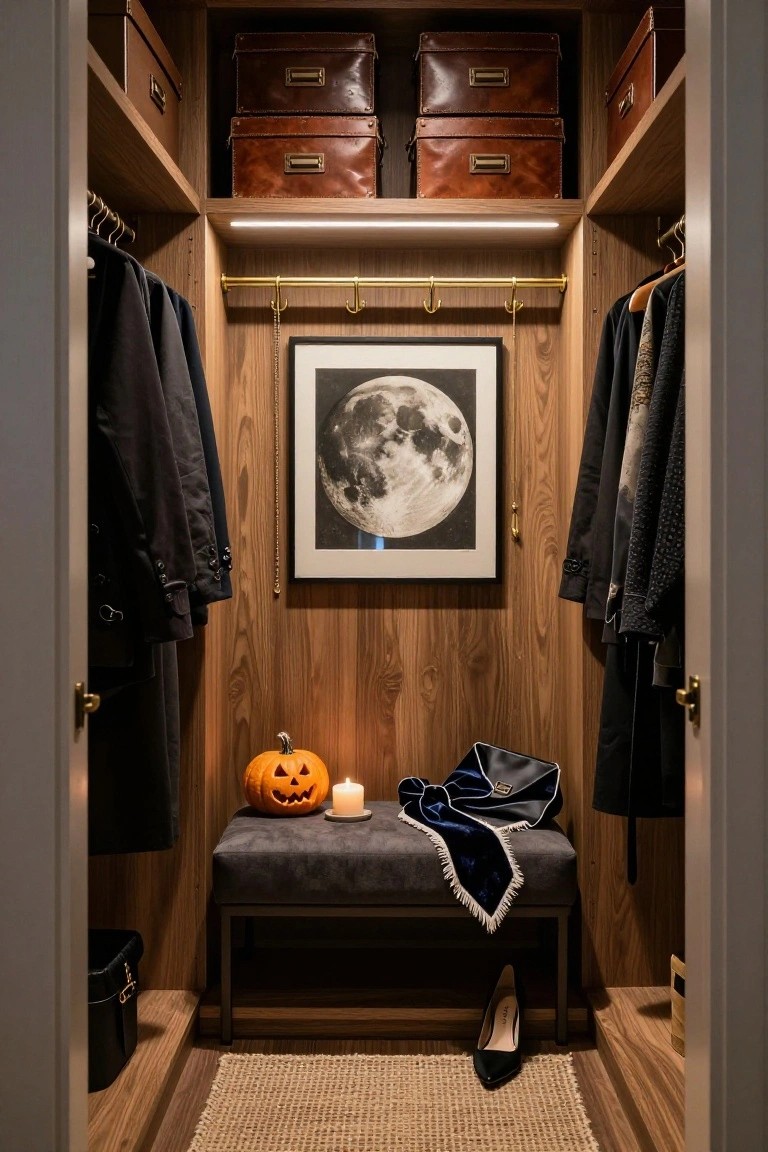 Wooden walk-in closet with hanging dark clothes, gold hanging rod, moon artwork on wall, gray bench holding jack-o-lantern pumpkin and lit candle beside velvet scarf and high heel shoe, leather storage boxes on shelves.