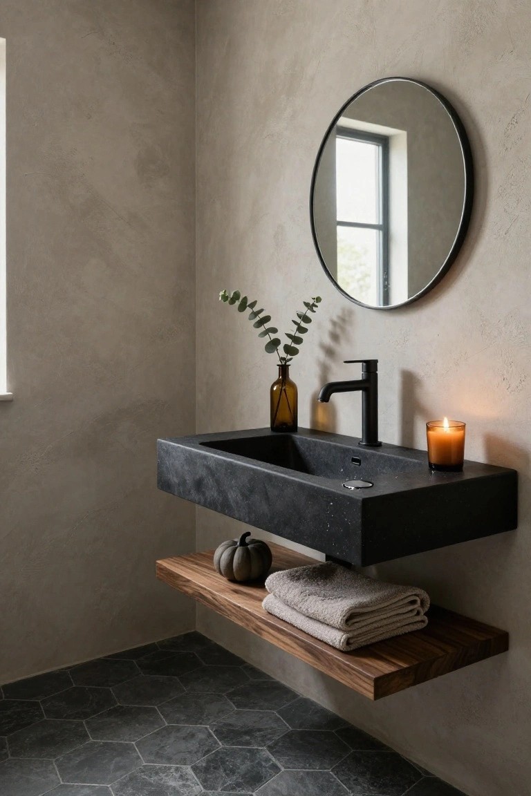 Modern bathroom corner with beige textured walls, round black-framed mirror over a black floating stone sink, wooden shelf below holding a small pumpkin and folded beige towels, glass vase of eucalyptus, amber candle, and hexagonal dark gray floor tiles.