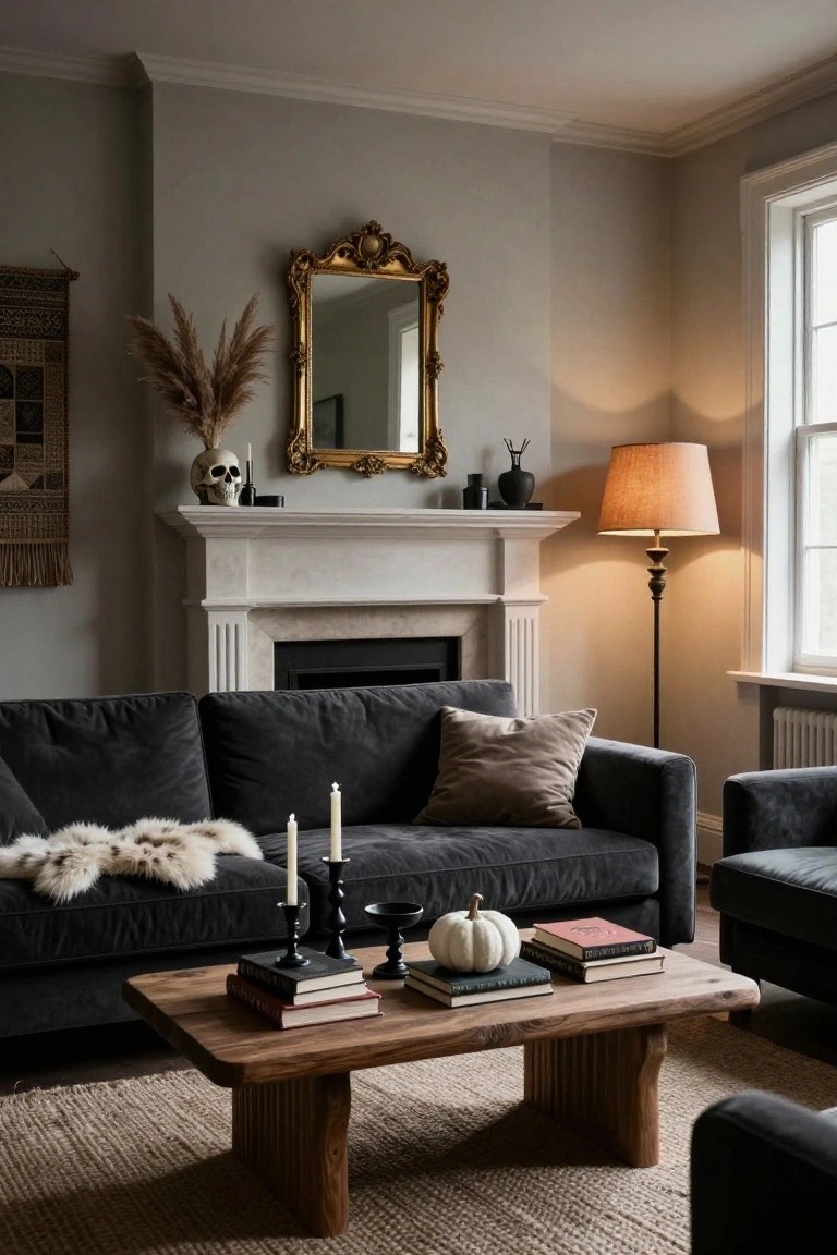Gray living room with black velvet sofas, fur throw, low wooden coffee table holding stacked books, white pumpkin, black candlesticks and candles, marble fireplace mantel topped with white skull, black candle holder, pampas grass, and woven wall hanging, ornate gold mirror, and beige floor lamp.