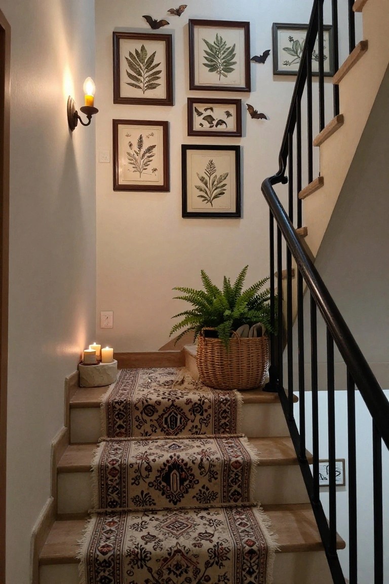 Indoor staircase with a gallery wall of framed botanical leaf and insect prints, 3D black bat decorations on the wall, wall sconce with candle bulb, three candles on a stone base, potted fern in woven basket, and patterned rug runner on wooden steps with black metal railing.