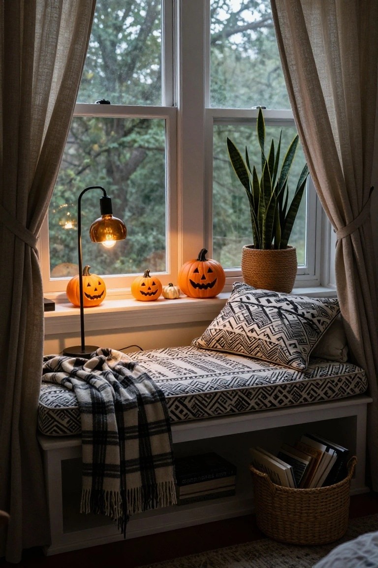 Cozy indoor window bench seat with sheer curtains framing trees outside, lit arc lamp, snake plant in basket, several carved jack-o-lantern pumpkins on the sill, patterned pillows and plaid blanket on the bench, books in a wicker basket below.