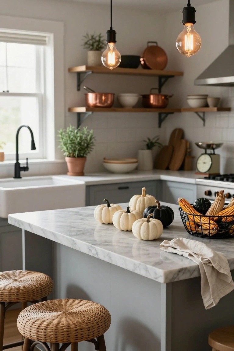 Modern kitchen with marble island holding clusters of white pumpkins, one black pumpkin, and black wire basket of corn ears and stalks, plus rattan stools, gray cabinets, white sink, and open shelves with copper pots.