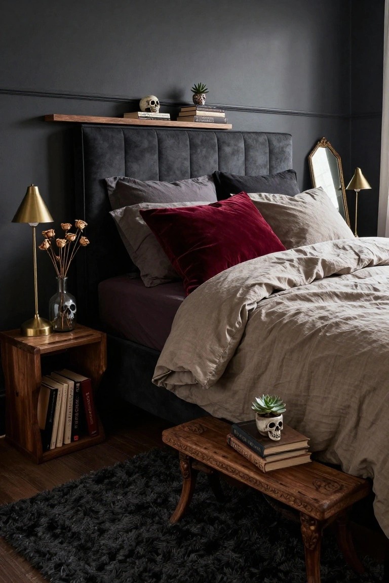 Dark gray walled bedroom with tufted charcoal upholstered headboard, layered pillows in gray purple burgundy and beige, brass cone lamp with dried roses in glass skull vase on wooden nightstand, wooden bench at bed foot holding books and skull planter with succulent.