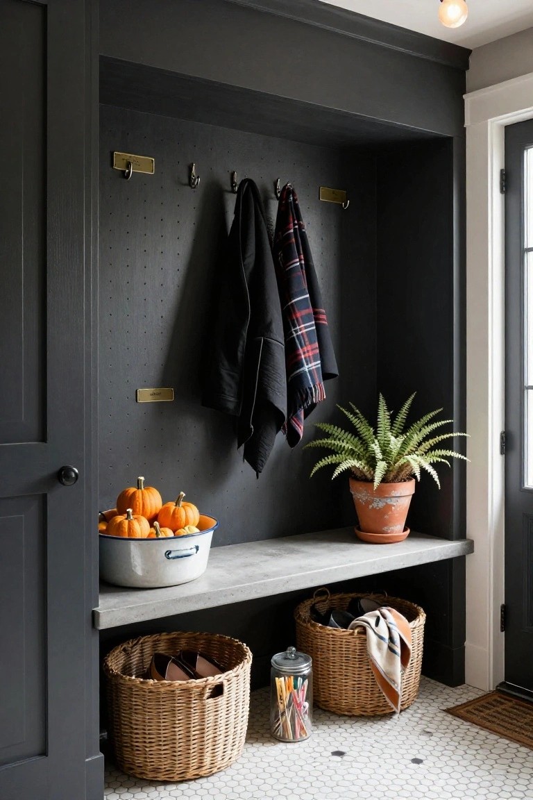 Dark pegboard mudroom nook with brass hooks holding black coat and plaid scarf, concrete bench with white bowl of pumpkins, wicker baskets containing shoes and towels, potted fern, jar of clips, and adjacent entry door.