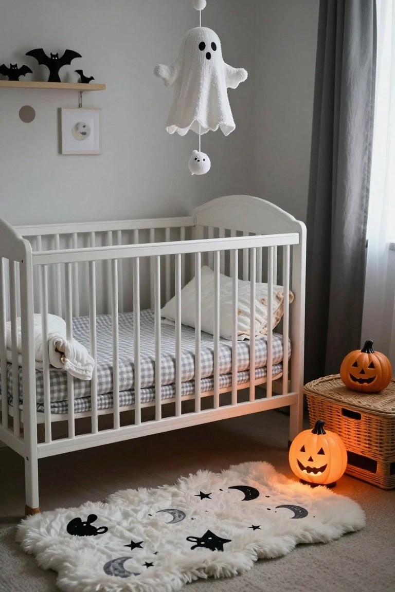 White wooden crib in a light gray nursery with Halloween decorations including a hanging white ghost mobile, black bat figurines on a shelf, small orange pumpkins, and a white shag rug featuring black moons, stars, and cats.