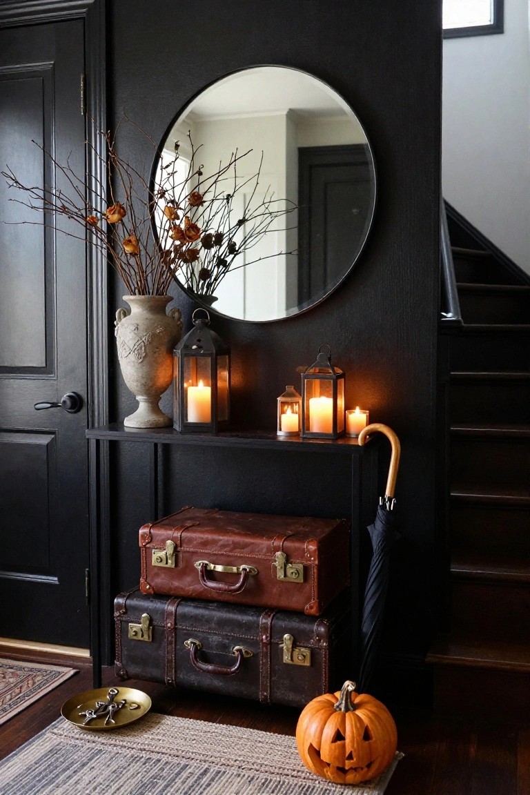 Black-painted entryway console table topped with two stacked leather suitcases beside a terracotta vase of dried branches and rose hips, metal lanterns with lit candles, a black umbrella leaning nearby, and a carved jack-o-lantern pumpkin on a woven rug in front of stairs.