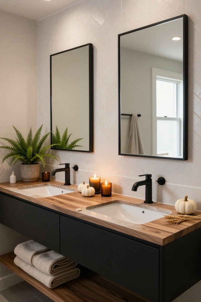 Double-sink bathroom vanity with walnut wood countertop, black faucets, white mini pumpkins, amber candles, fern plant in gray pot, wheat stalks, beige towels on shelf below, against white herringbone tile wall with two black-framed mirrors.