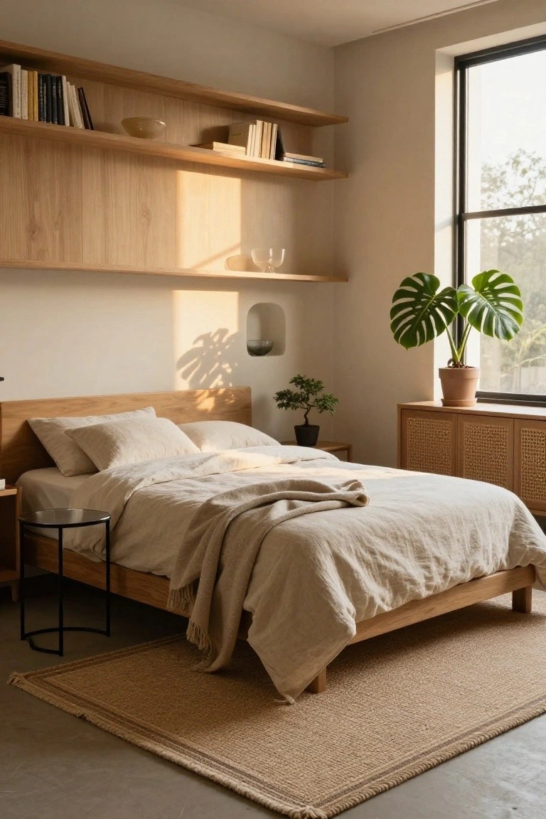Bedroom interior with light oak built-in wall shelves displaying books, ceramics, and plants above a wooden bed with white linen bedding, beside a large window and monstera plant in a terracotta pot.