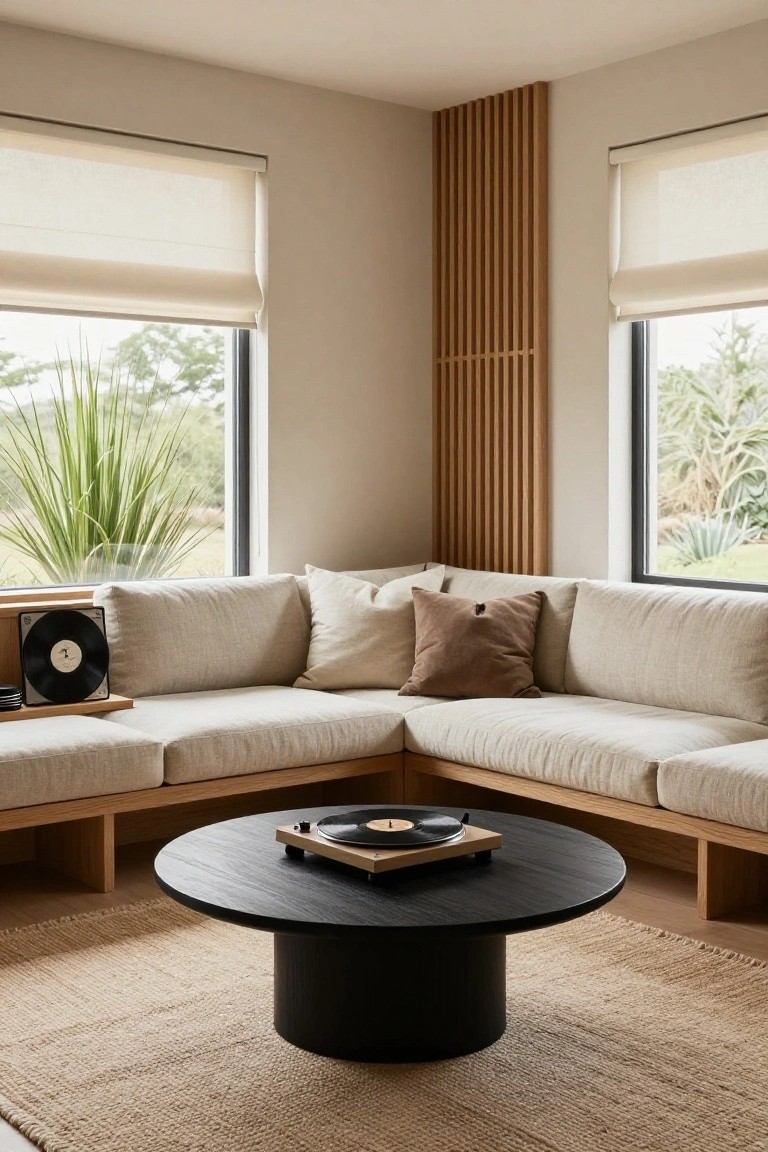 Beige L-shaped sofa with wooden base in room corner, black round coffee table with wooden turntable on top, vertical wood slat wall, sheer blinds on large windows overlooking greenery and plants.