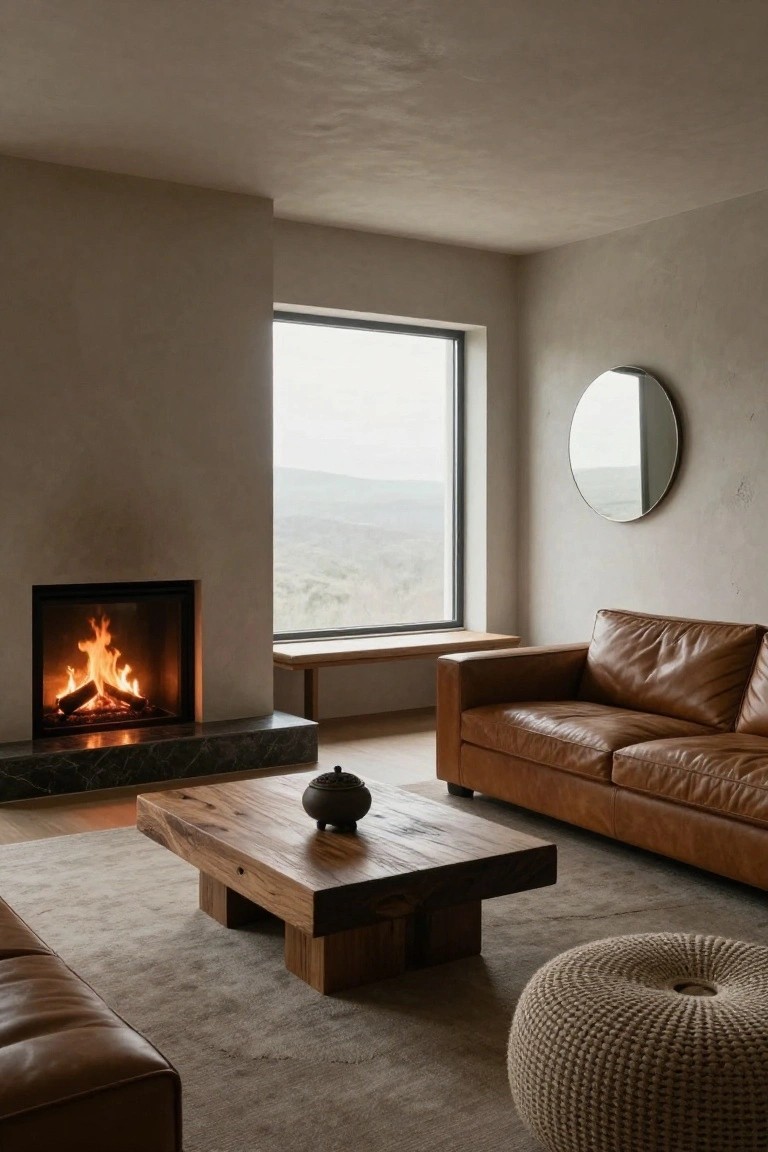 Beige textured plaster living room with burning fireplace on marble hearth, tan leather L-shaped sofa, low wooden coffee table holding black ceramic pot, knitted round ottoman, round mirror on wall, wooden bench beside large black-framed window overlooking misty hills.