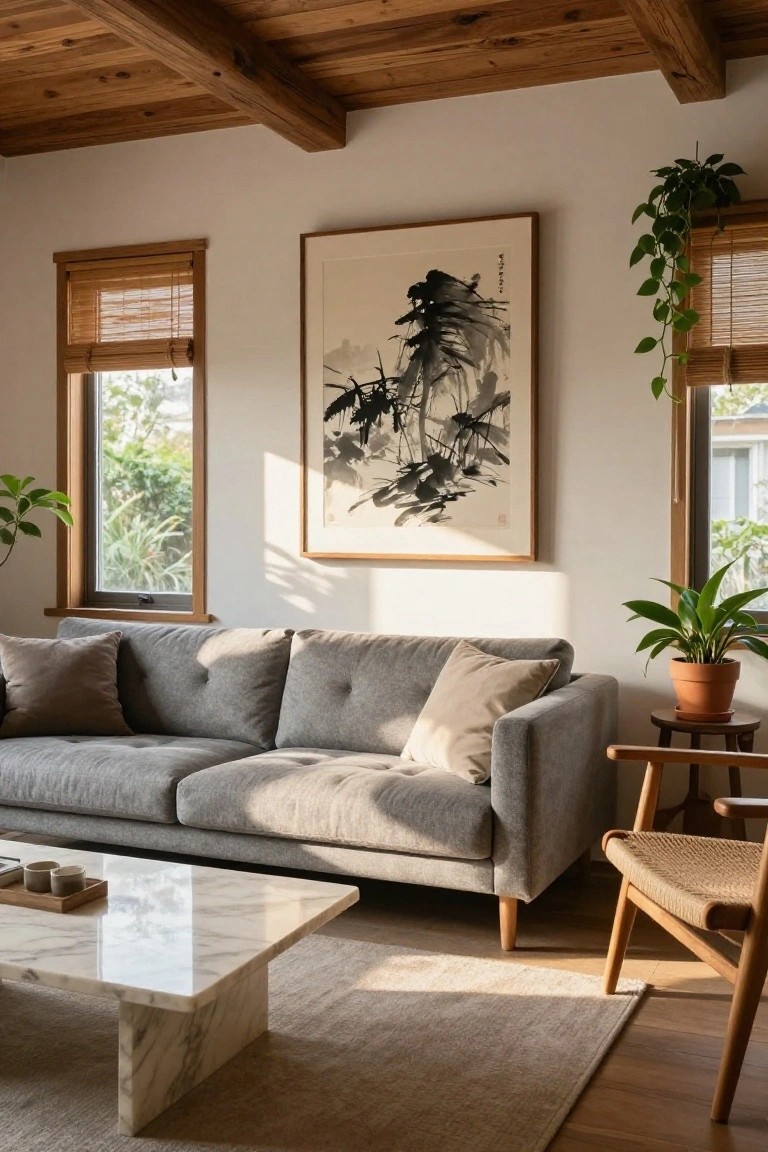 A sunlit Japandi living room with exposed dark wooden ceiling beams, light wood floors, gray upholstered sofa, white marble coffee table, rattan chair, potted plants, large ink brush painting, and bamboo blinds on wooden-framed windows.