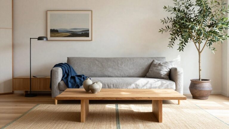 18 Japandi Living Room Decor Ideas Light gray linen sofa with navy wool throw on wooden legs in a living room, slatted light wood credenza behind it holding black pottery vases, oak coffee table with ceramics, tall potted olive tree next to black arc lamp, and framed landscape painting on white wall.
