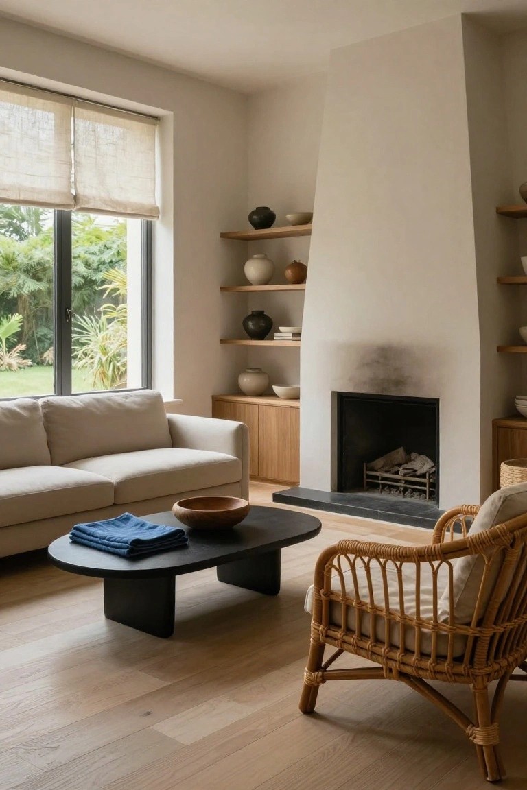Japandi living room with tall white fireplace flanked by oak shelves holding ceramic pots and bowls, cream sofa, black oval coffee table with blue throw, rattan chair, and window to garden.