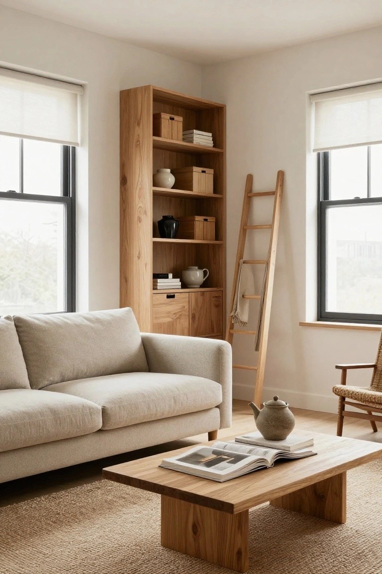 Bright corner of a living room with tall wooden bookshelf stocked with books and ceramics, leaning wooden ladder draped with a light towel, beige sofa, low wooden coffee table holding books and a teapot, rattan chair, seagrass rug, and large windows with sheer roller shades.