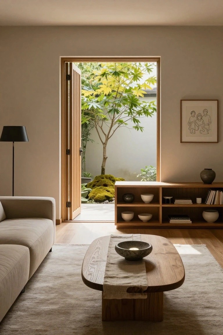 A minimalist living room featuring a beige sofa, wooden coffee table with bowl, open shelves with ceramics, black floor lamp, and folding wooden doors open to a courtyard with Japanese maple tree, moss rocks, and potted plants.