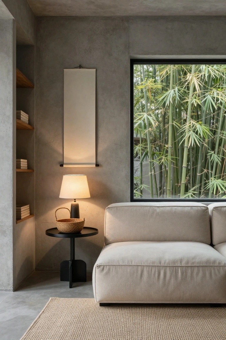 Minimalist living room interior with exposed concrete walls, wooden shelves holding books, hanging white scroll, cream modular sofa, black side table topped with lamp and rattan basket containing basket, and large black-framed window showing dense green bamboo plants outside.