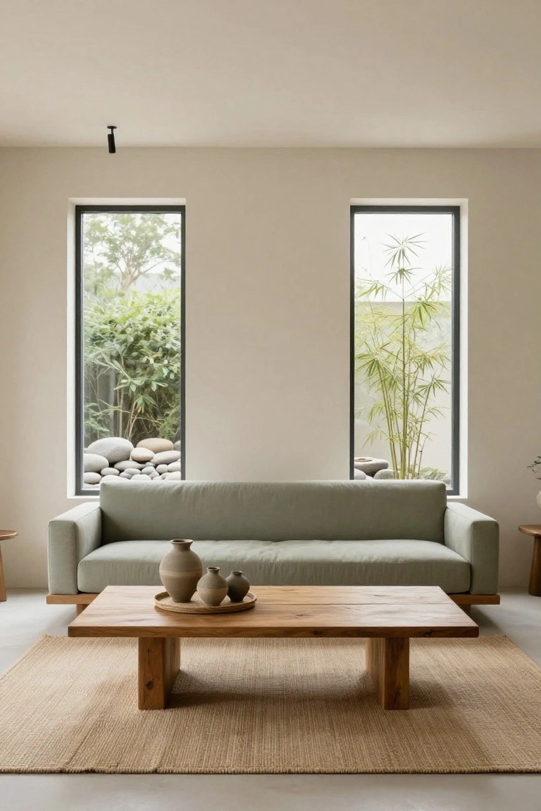 Minimalist living room interior with low-profile light green sofa, rectangular wooden coffee table holding ceramic vases on a woven tray, seagrass rug, wooden side tables, and large black-framed windows overlooking bamboo plants, greenery, and stacked rocks.