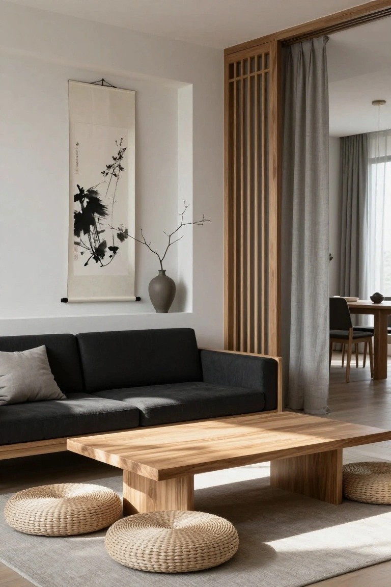 A minimalist Japandi living room interior with a low rectangular wooden coffee table, four beige zabuton floor cushions on a gray rug, black sofa, wooden slatted sliding screen divider, beige scroll painting on white wall, and view to dining area through curtains.