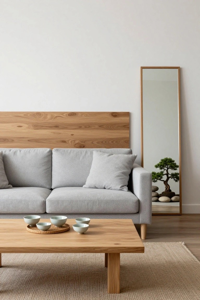 Light gray three-seat sofa against light wood paneled wall in a minimalist living room, low rectangular wooden coffee table with rattan tray and four celadon bowls, tall wooden full-length mirror reflecting bonsai tree on rocks, light beige rug on wood floor, white walls.
